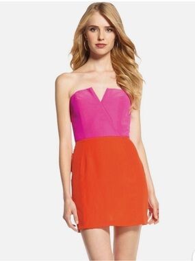 Naven 100% Silk Strapless Colorblock Mini Dress Pink Orange Size Small